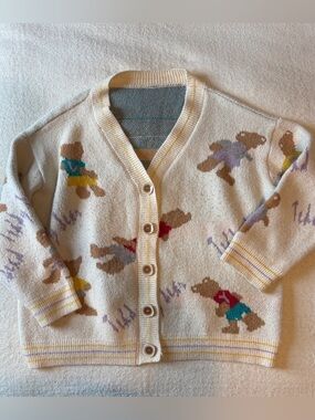 Cozy Oversized Cardigan, Teddy Bear Print. Cream Color. Sz L/ XL